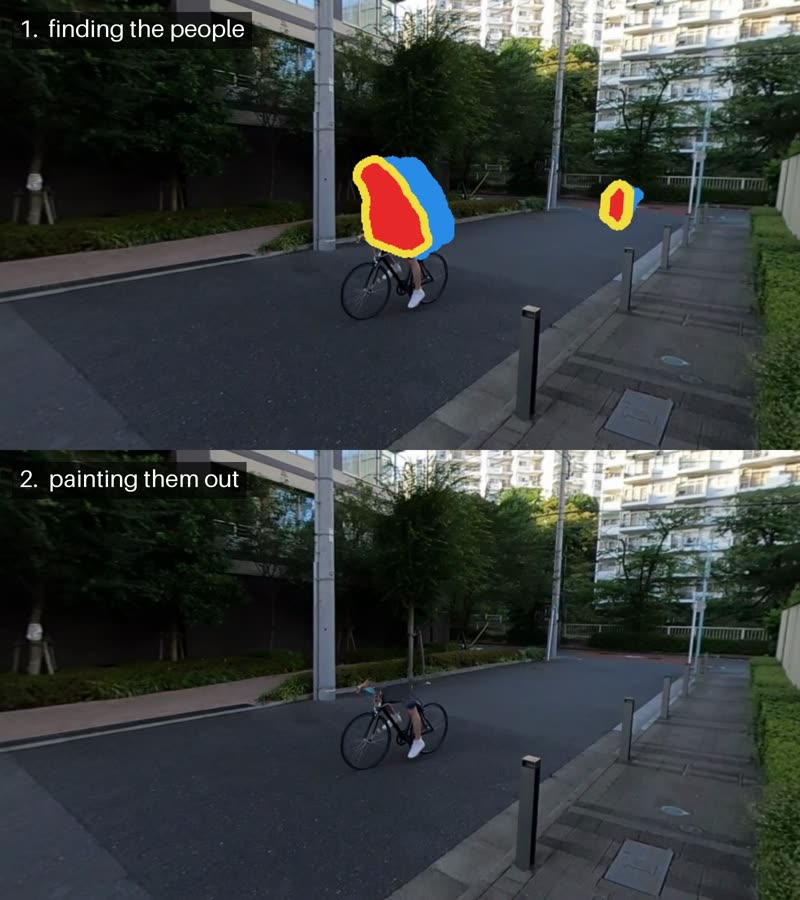 上段は見つけた人物を色で塗った画面、下段は人物を消して道路と木で埋めた画面